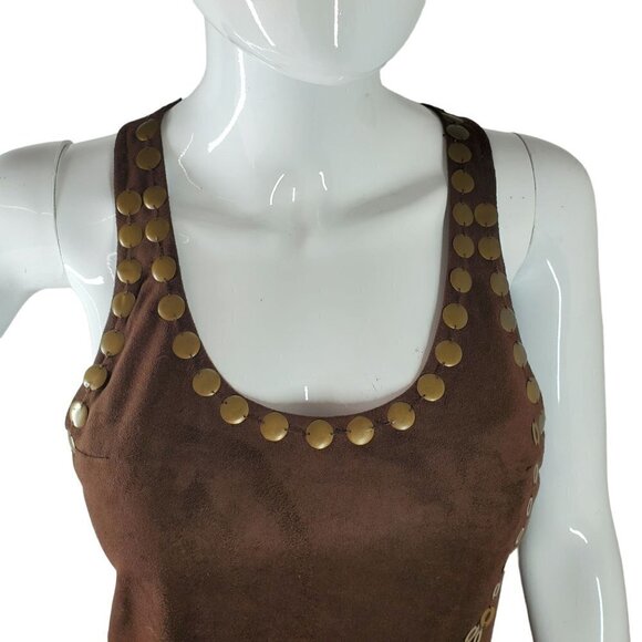 Retro Metal Embellished T Back Tunic Top Brown Microfiber Lee and Joe Womens Med - Picture 11 of 14